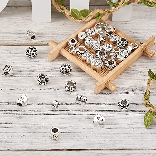 Craftdady 72pcs Tibetan European Large Hole Beads Antique Silver Heart Column Rondelle Loose Spacer Metal Beads Macrame Beads Charms 7.5~11mm for Snake Chains Bracelet Jewelry Making - color: Antique Silver-18 Style