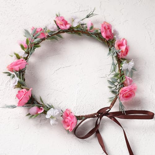 Fairy Pink Flower Crown Headband, Rose Floral Headpiece | Adjustable, Fairy Flower Crown, Women Girls, Renaissance Birthday Wedding Party Photo Props - color: Pink