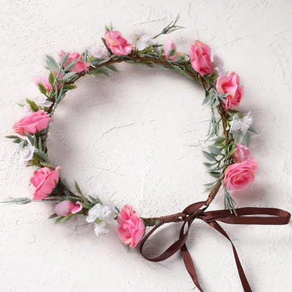Fairy Pink Flower Crown Headband, Rose Floral Headpiece | Adjustable, Fairy Flower Crown, Women Girls, Renaissance Birthday Wedding Party Photo Props - color: Pink