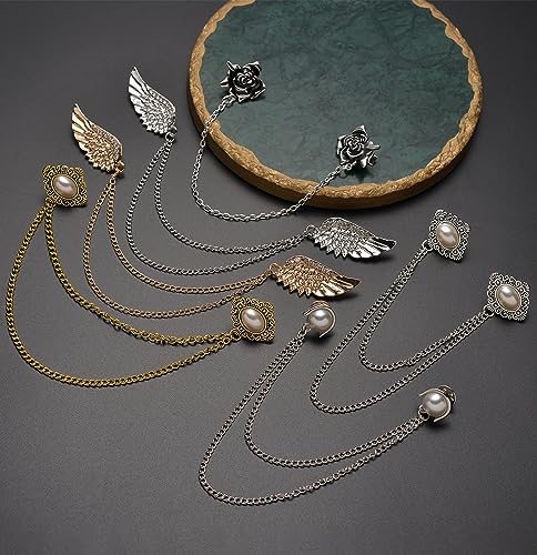 6 Pcs Antique Sweater Shawl Clip Chain Renaissance Style Rose Bowknot Brooch Flowers Wings Heart Cardigan Pin Gold sliver For Woman Men - style: C:6Pcs(Wing)