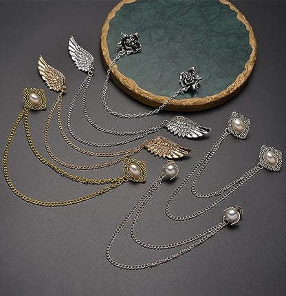 6 Pcs Antique Sweater Shawl Clip Chain Renaissance Style Rose Bowknot Brooch Flowers Wings Heart Cardigan Pin Gold sliver For Woman Men - style: C:6Pcs(Wing)