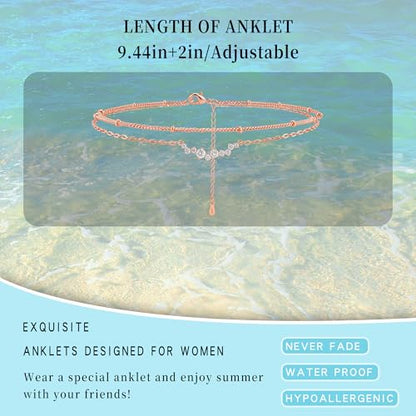 Sterling Silver Ankle for Bracelets Women 14K Gold Waterproof Layered Stackable Chain Sparkling Zircon Adjustable Non Tarnish Anklet Bracelet for Summer Beach Jewelry Gift - color: Rose GoldB