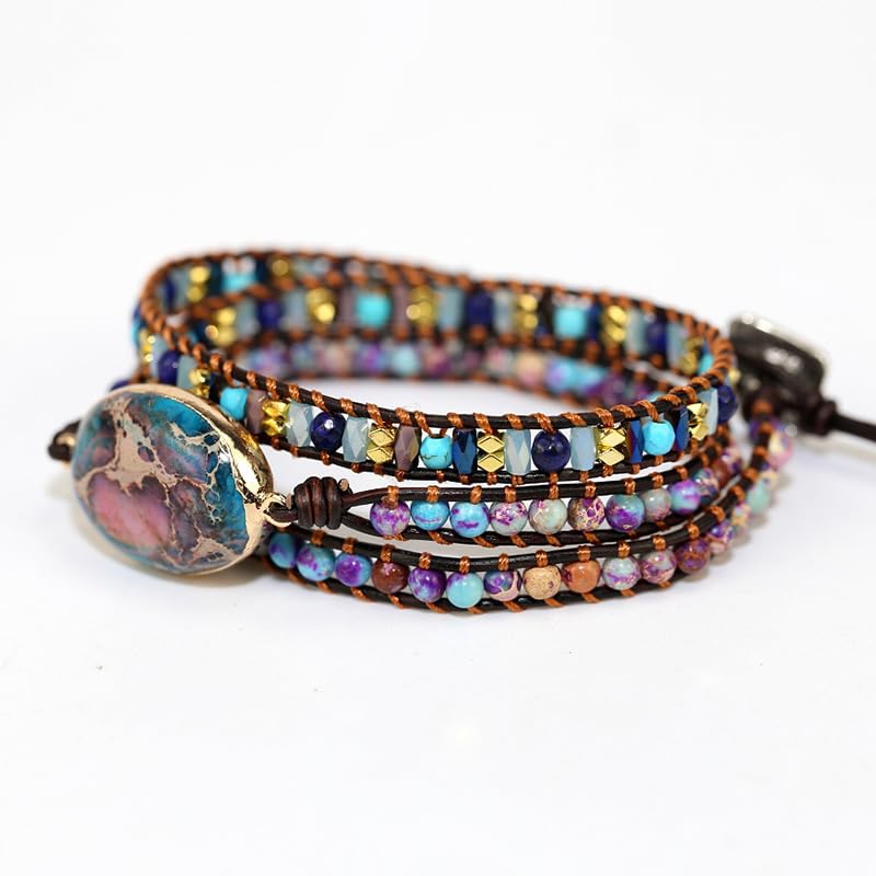 Handmade Boho Wrap Bracelets Natural Turquoise Crystal Stone Variety Beaded Strand Bracelet - color: Purple