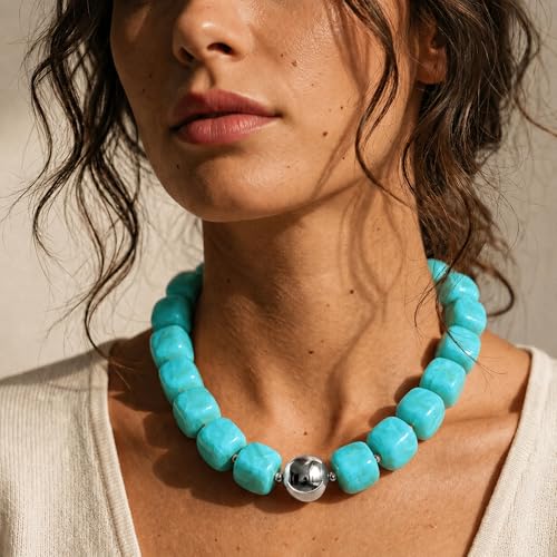 Mchic Colorful Beaded Choker Necklace for Women: Boho Large Square Acrylic Beaded Necklace Stainless Steel Adjustable Surfer Beach Strand Necklaces Summer Handmade Jewelry Gift for Women - color: Teal-Silver