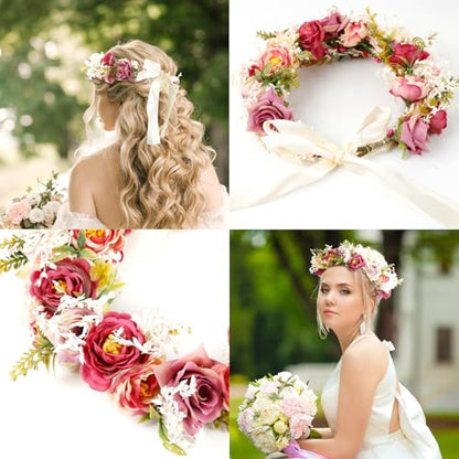 Rose Flower Crown Women Boho Flower Headband Hair Wreath Floral Headpiece with Ribbon Flower Leaves Crown for Wedding Festival Party Photos - color: Rose Flower Crown