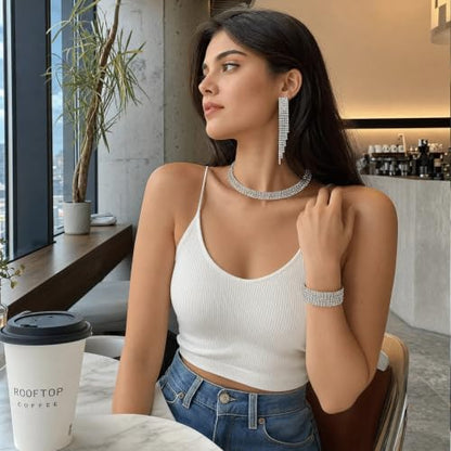 Crystal Silver Jewelry Set - 3 Pcs Dainty Rhinestone Necklace Bracelet and Tassel Dangle Earrings Sets for Brides Bridesmaids Bridal Party Prom Accessories