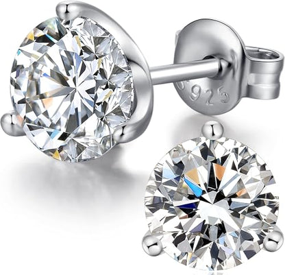 Jiamiaoi 18K White Gold Plated Stud Earrings 925 Sterling Silver Round and Square Cut Princess Cut 5A+ Cubic Zirconia Stud Earrings 4mm to 8mm Fashion Jewelry for Men Women - color: C-White-Three Prongs, size: 5mm
