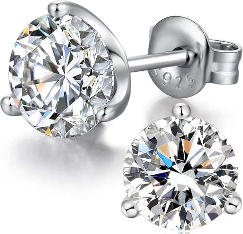 Jiamiaoi 18K White Gold Plated Stud Earrings 925 Sterling Silver Round and Square Cut Princess Cut 5A+ Cubic Zirconia Stud Earrings 4mm to 8mm Fashion Jewelry for Men Women - color: C-White-Three Prongs, size: 4mm
