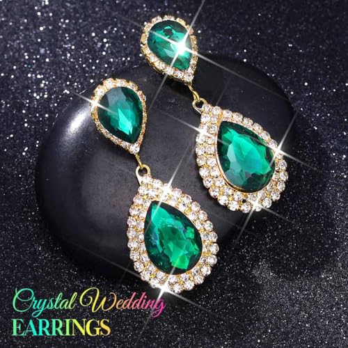 Catery Crystal Wedding Earrings Silver Rhinestone Ear Rings Teardrop Bridal Ear Jewelry for Brides and Women - color: Gold and Green