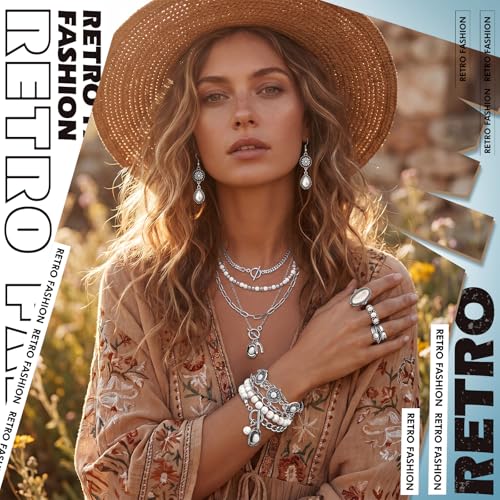 Ecally Bohemian Western Jewelry Turquoise Set Women Country Pendant Long Choker Layered Bracelets Earrings Ring for Women - color: White, style: Boho