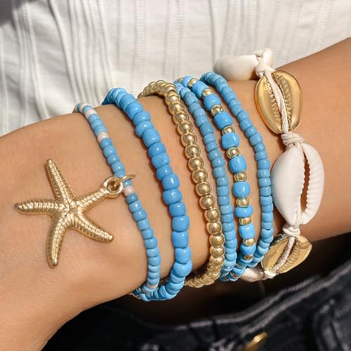 Bohemian Stackable Shell Beaded Ankle Bracelets for Women Colorful Boho Multi-Layer Seashell Gold Starfish Adjustable Handmade Braid Bracelet Summer Beach Holiday Accessories Gifts - color: Blue