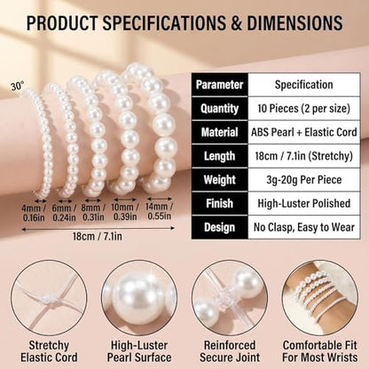 QUUPY 10Pcs White Faux Pearl Bracelets Set, 5 Sizes Stackable Elastic Beaded Bracelets, Elegant Jewelry for Bridal, Wedding, Bridesmaid, Party, Daily Wear and Gifts