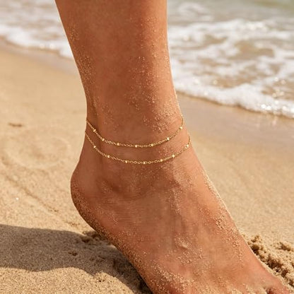 PICNHUAN Gold/Silver Ankle Bracelets for Women 14K Gold Plated Women's Anklets Silver Cuban Chain Anklet Waterproof Stainless Steel Anklet Summer Beach Foot Chain Jewelry Gifts for Women - color: Gold/Two-layer