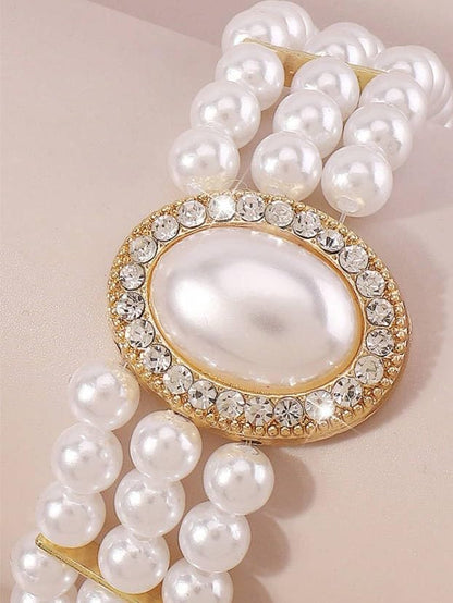 Multi-Layer Faux Pearl Bracelet for Women, Oval Gemstone Elegant Bangle with Rhinestone Accents - color: Gold, size: One Size