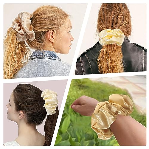 Ivyu Scrunchies for Women's Hair, Satin Hair Ties Bands, 4 Pieces, Big Scrunchies for Thick Curly Hair, Ponytail Holders, Cute Pony Tails, No Crease Hair Ties, No Damage - color: Yellow