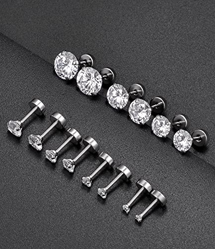 7 Pairs 18G 20G Stainless Steel Stud Earrings Round Cubic Zirconia Barbell Earring Set For Men Women 2MM-8MM Silver Tone - style: E:7 Pairs,Flat Backs,18G
