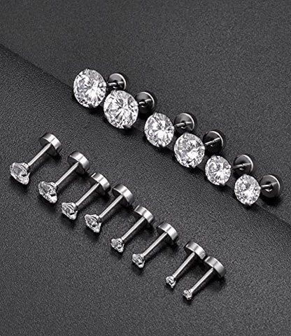 7 Pairs 18G 20G Stainless Steel Stud Earrings Round Cubic Zirconia Barbell Earring Set For Men Women 2MM-8MM Silver Tone - style: E:7 Pairs,Flat Backs,18G