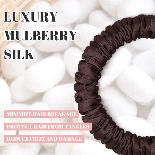 Scrunchies Hair Ties Silk Satin Scrunchy, WantGor Women 4PC Hair Bands | Pure Mulberry Silk Skinny Elastic Scrunchies Bracelets Ponytail Holders Hair Accessories (Brown*4) - color: Brown*4