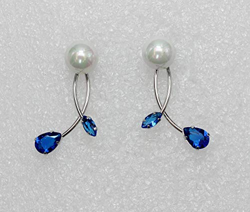 Faship Genuine 10mm Freshwater Pearls Floral Necklace Earrings Set | Premium CZ Crystal, Gorgeous, Sparkling - color: Blue