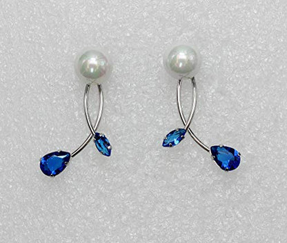 Faship Genuine 10mm Freshwater Pearls Floral Necklace Earrings Set | Premium CZ Crystal, Gorgeous, Sparkling - color: Blue