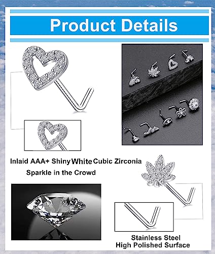 Tornito 16Pcs Nose Stud Rings L Screw Shaped Nose Ring Flower Snake Butterfly Heart Eye CZ Dangle Nose Rings Stud Body Piercing Jewelry for Women Men 20G Silver Pink Tone - color: B:Silver Tone