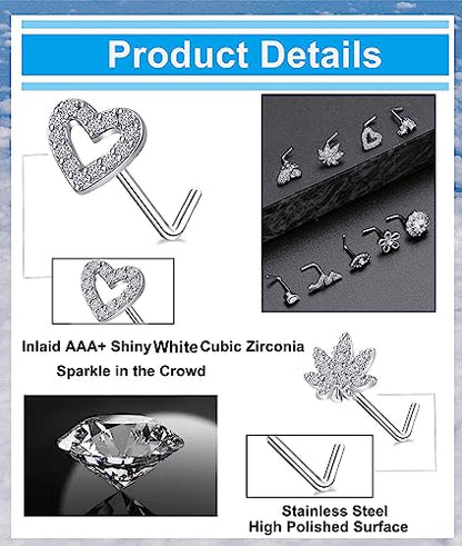Tornito 16Pcs Nose Stud Rings L Screw Shaped Nose Ring Flower Snake Butterfly Heart Eye CZ Dangle Nose Rings Stud Body Piercing Jewelry for Women Men 20G Silver Pink Tone - color: B:Silver Tone