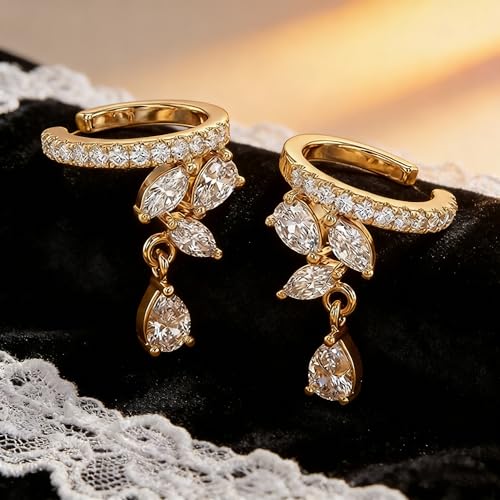 Bemoly Ear Cuff Earrings for Women 14K Gold Plated Cubic Zirconia Dangle Huggie Ear Cuffs Non Piercing | Clip On Cartilage - style: D-CZ flower-Pair