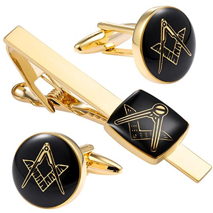 HAWSON Metal Cufflinks and Tie Clip Set for Men Novelty Cuff Links and Tie Bar Gifts for Wedding Level,Football, Musical Symbols Designs - color: Gold Masonic set
