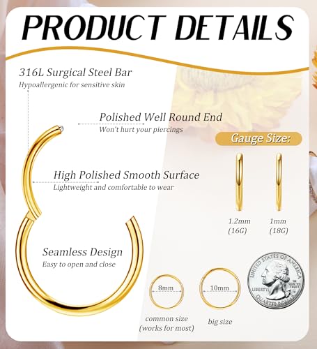 3pcs Nose Rings Hoops - 316L Surgical Steel Hinged Nose Hoops 16G/18G/20G CZ Clicker Septum Nose Ring Lip Helix Cartilage Hoop Earring Daith Rook Conch Body Piercing Jewelry for Women Men 8mm 10mm - color: Gold, size: 16 gauge(1.2mm)-8mm