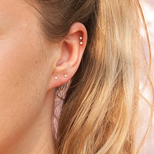 6Pairs 2mm/3mm Surgical Steel Hypoallergenic Piercing Studs, 20G 14K Real Gold Filled Tiny Stud Earrings Set for Multiple Hole Piercing (Cubic Zirconia, Pearl, Ball) - style: E : Cubic Zirconia, Gold, 2MM, 6 Pairs