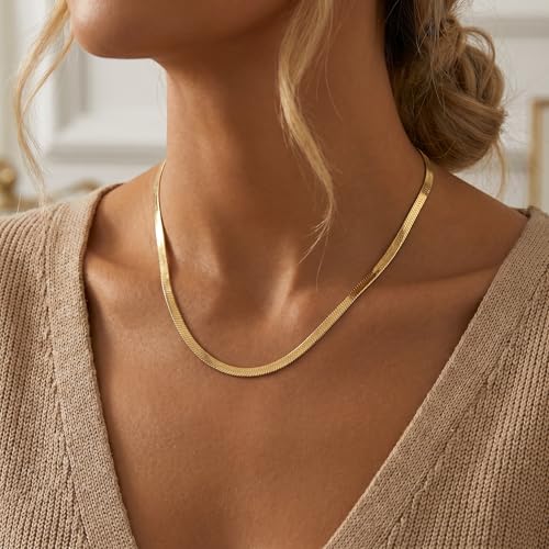 14K Gold/Silver Plated Stainless Steel Herringbone Necklace for Women, Dainty Snake Chain Choker, Trendy Simple Long Layered Jewelry, Non Tarnish 4mm Flexible Flat Necklace, Made in Italy - color: G-20