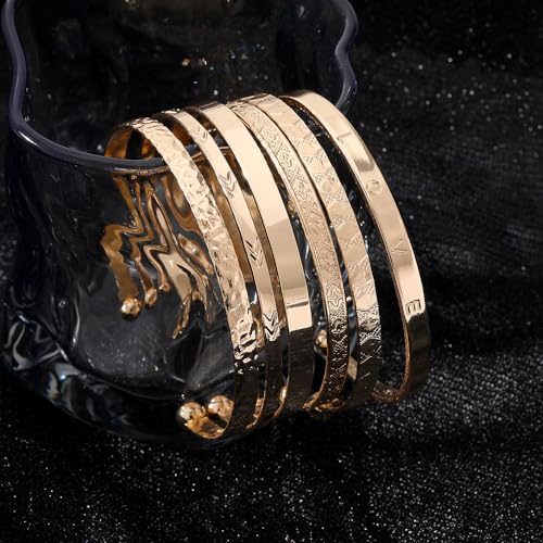 Golden Bangle Bracelets Set for Women, 14k Gold-Plated Multi Layer Stackable Cuff Bracelets, Personalized Boho Non Tarnish Adjustable Bangle Jewelry Gift for Her - color: 6PCS Love
