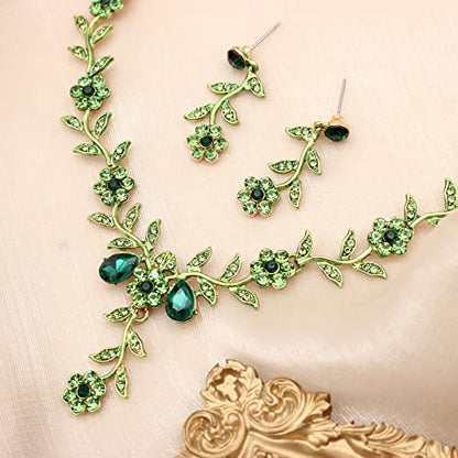 Flower Leaf Crystal Pendant Necklace Dangle Earrings Link Bracelet Bride Bridesmaid Jewelry Sets for Women Wedding Party - color: Emerald-Gold Plated