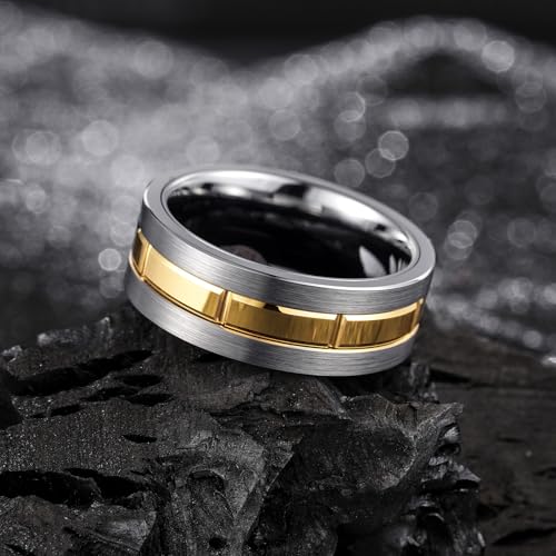 King Will Classic Mens 、Tungsten Carbide Rings Brick Pattern Groove Center | Silver/Black/Gold/Rose Gold, 8mm, Grooved, Comfort Fit, Brick pattern, Everyday Wear - color: C-Silver & Gold