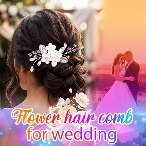 Catery Flower Bride Wedding Hair Comb Silver Small Side Comb Blue Crystal Hair Piece Jewelry Accessories for Women and Girls | Floral Wedding Headpiece Silver Crystal Hair Clips for Bridesmaid Bride Hair Accessory for Prom