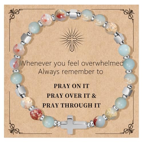 Natural Stone Stretch Bracelet for Women - Holy Water Elastic Cross Bracelet | Christmas Christian Baptism Gift, Meaningful Gifts, Unique Gift for Friends Mom Daughter Sister - style: cross- Pray on it