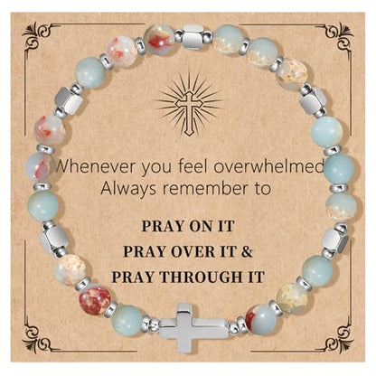 Natural Stone Stretch Bracelet for Women - Holy Water Elastic Cross Bracelet | Christmas Christian Baptism Gift, Meaningful Gifts, Unique Gift for Friends Mom Daughter Sister - style: cross- Pray on it