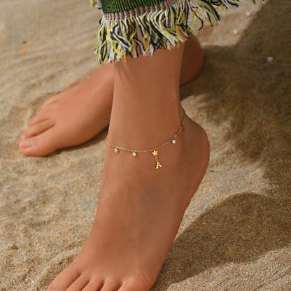 Initial Anklet for Women, 18K Gold Plated Waterproof Ankle Bracelet, Star CZ Letter A-Z Personalized Beach Foot Jewelry - color: A