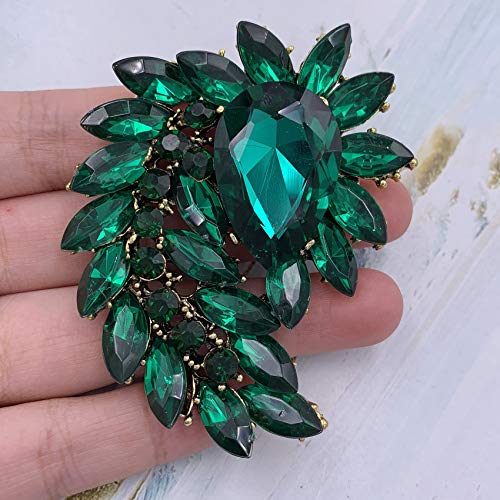 SELOVO Marquise Shape Rhinestone Red Leaf Costume Brooch Pin Jewelry Antiqued Gold Tone - color: Green