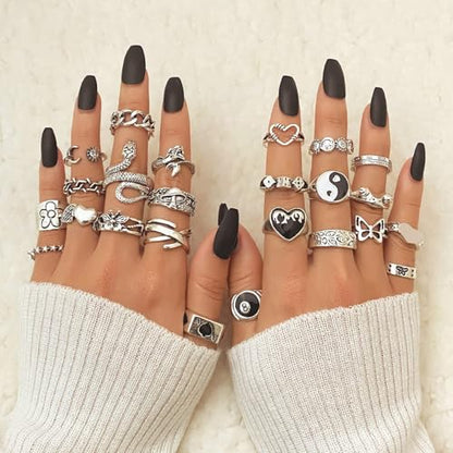 17IF 26-35 Pcs Vintage Silver Knuckle Ring Set for Women Men, Gothic Rings | Grunge Chunky Aesthetic Snake Stackable Adjustable Punk Bulky Finger Alt Fairy Skull Frog Heart Star Flower Midi Ring Pack - style: 35 Pcs