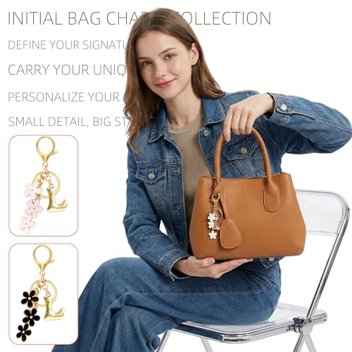 Floral Series Initial Bag Charm, Cute Flower & Bubble Letter Purse Charms, Keychain Accessories Gift for Women - color: White Flower, style: L