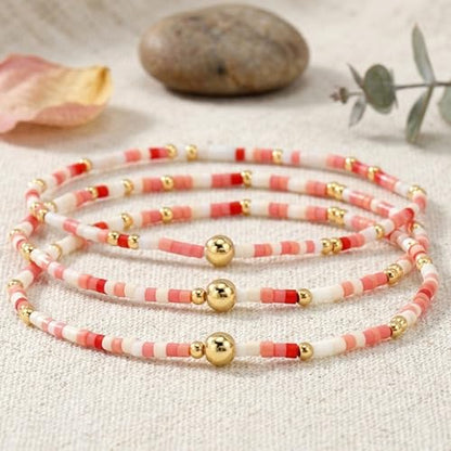 Dainty Gold Plated Tiny Ball Colorful Beaded Stack Bracelets Sets for Women,3Pcs Stackable Cute Bracelet Stretch Trendy Ball Jewelry Friendship Gift - color: peach-pink