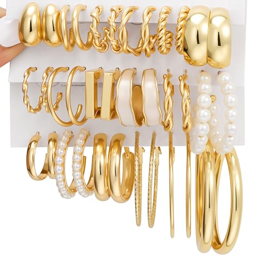 12 Pairs Gold Hoop Earrings Set for Women，Fashion Jewelry Gifts 40mm/50mm | Large/Big, Trendy, Pearl, Multiple Styles, lightweight, 14K Gold-plated, Hypoallergenic, Great for Party/Gathering/Work/Daily - color: Pearl Gold