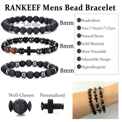Mens Bead Bracelet Set - Adjustable Elastic Rope With 6&8MM Natural Stone Multi-Colored Beads - Tiger Eye Bracelets for Men - Gift - style: 3,Lave beads,Cross,Black bracelet