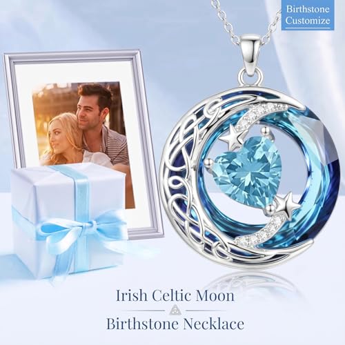 Birthstone Necklace for Women Crystal Moon and Star Pendant White Gold Celtic Moon Jewelry Birthday Graduation Gifts for Wife Her - style: Moon-3