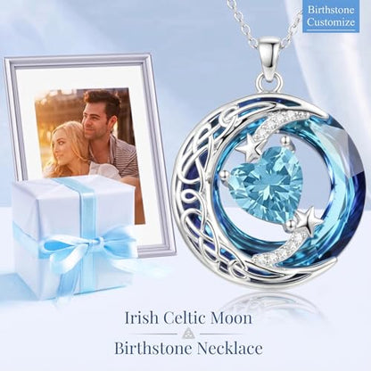 Birthstone Necklace for Women Crystal Moon and Star Pendant White Gold Celtic Moon Jewelry Birthday Graduation Gifts for Wife Her - style: Moon-3