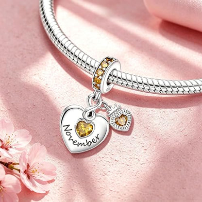 BLUELUNE Birthstone Charms, 925 Sterling Silver Dangle Charm with 5A Cubic Zirconia for Bracelets or Necklaces, Birthday, Mother's Day Present for Women - color: November