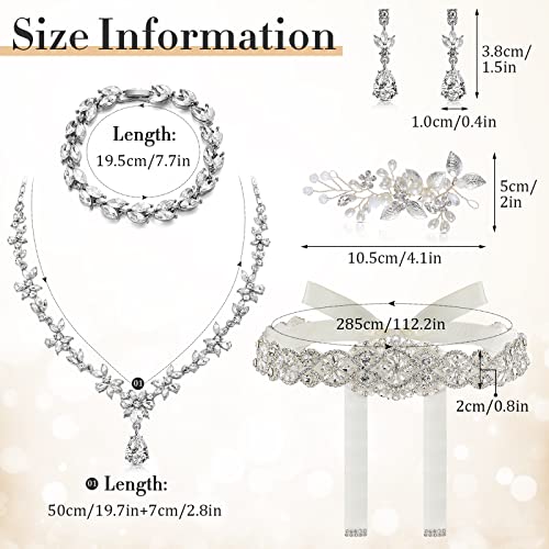 Henoyso 5 Pcs Wedding Jewelry Set for Women, Rhinestone Necklace Earrings Bracelet Headpieces Set for Bride Bridesmaid Prom - style: Bright Style