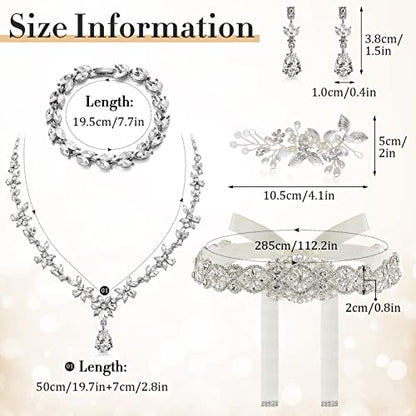Henoyso 5 Pcs Wedding Jewelry Set for Women, Rhinestone Necklace Earrings Bracelet Headpieces Set for Bride Bridesmaid Prom - style: Bright Style