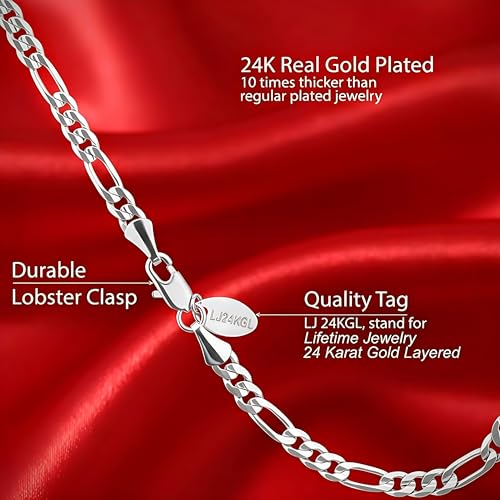 LIFETIME JEWELRY 4mm Figaro Chain Ankle Bracelet - Gold Anklets for Women - 24k Real Gold Plated - Made in USA with Lifetime Replacement - color: White Gold